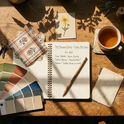 Notebook of custom mahjong mat ideas with colour swatches and a pressed flower