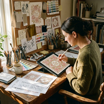 ALOXO artist hand-drawing a custom mahjong mat design on an iPad in the studio