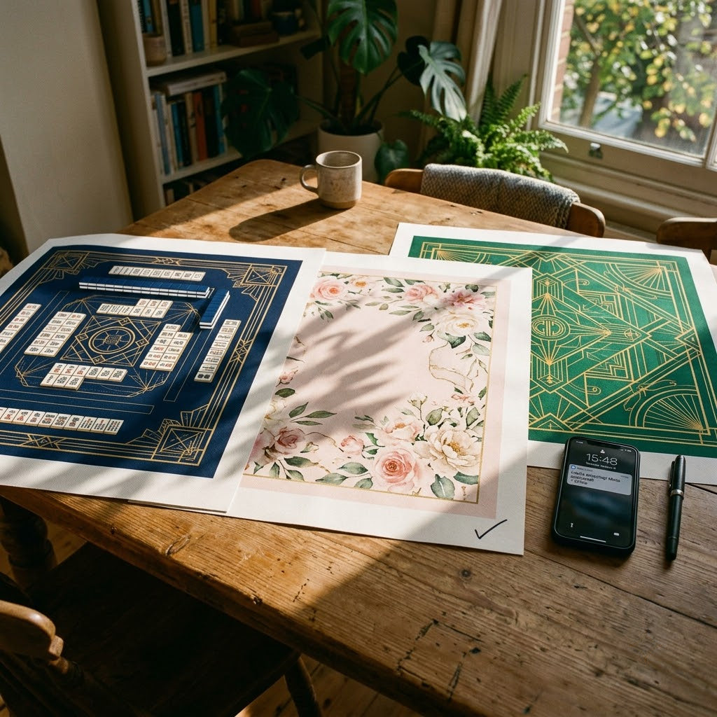 Three printed design proofs laid out for the customer to choose from