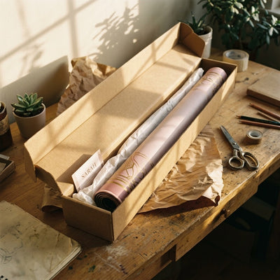Finished custom mahjong mat rolled and packed in a long shipping box