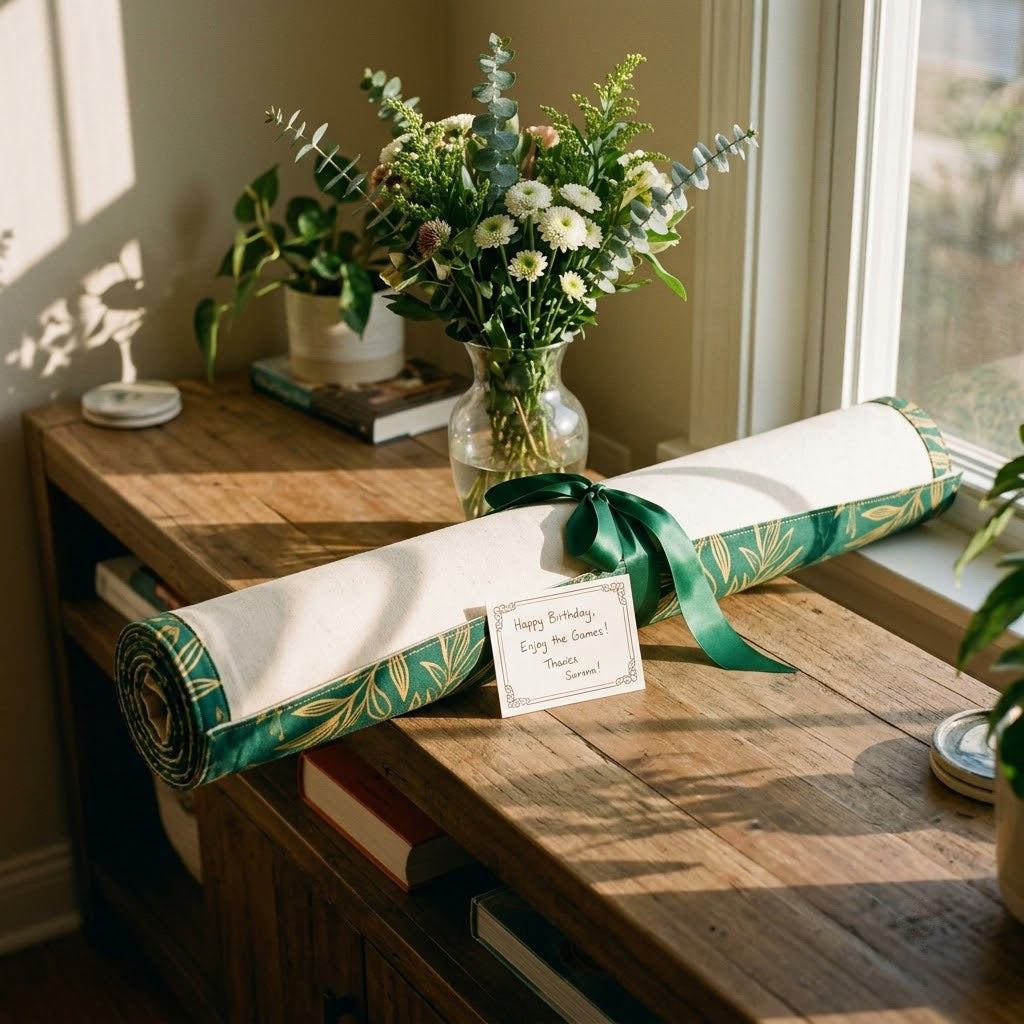 Custom mahjong mat rolled and tied with ribbon as a gift, with a handwritten card