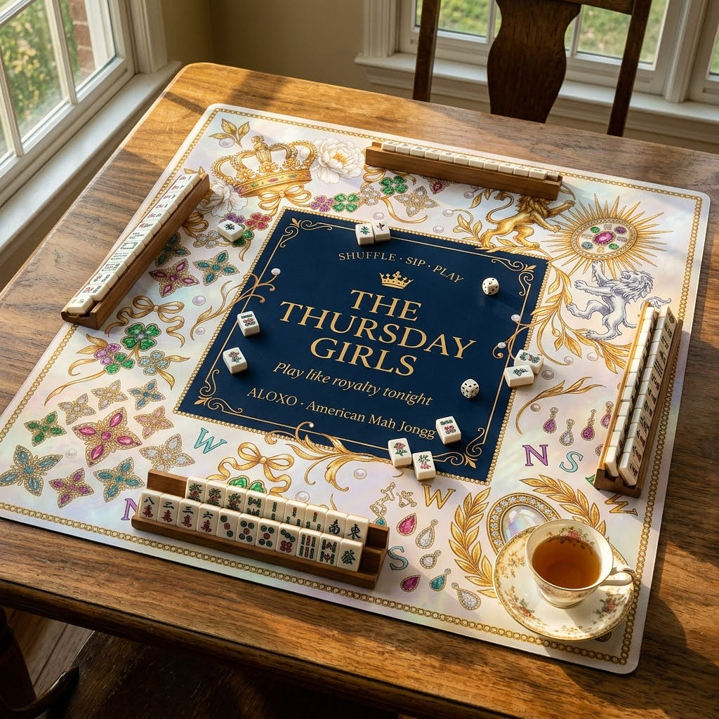 Custom mahjong mat personalised with a group name, set for play in afternoon light