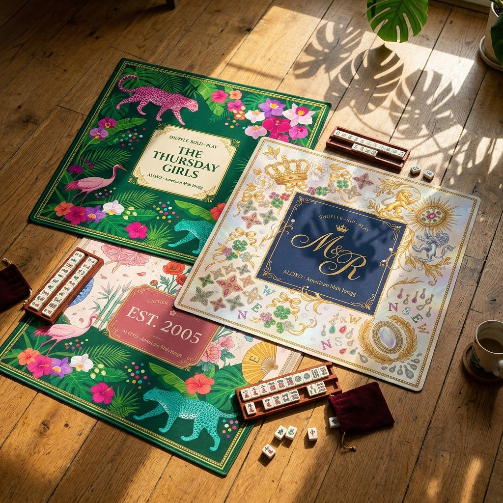 Three custom mahjong mats, each hand-drawn with a different name, monogram and year