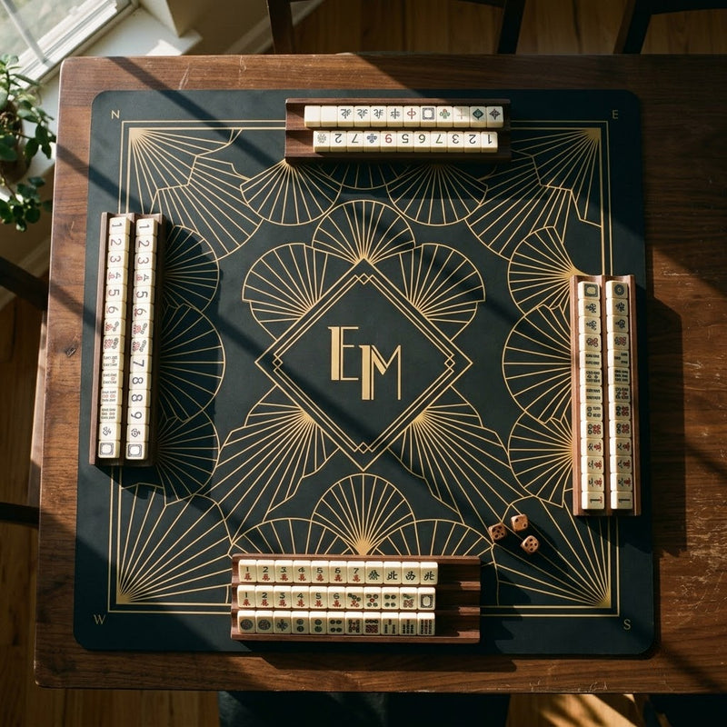 Art deco custom mahjong mat in black and gold with a two-letter monogram
