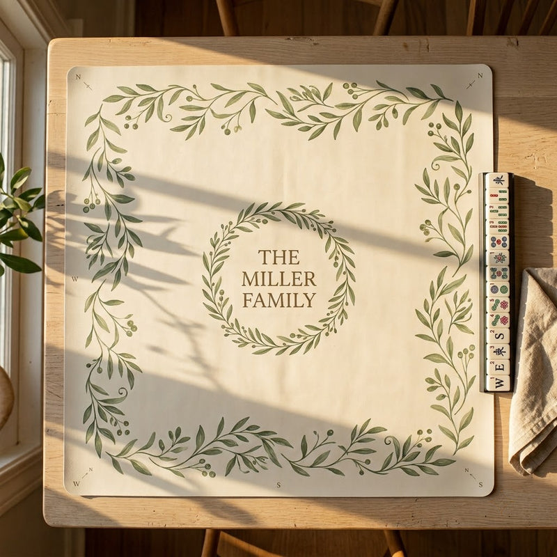 Custom mahjong mat with a family name in a hand-drawn botanical wreath