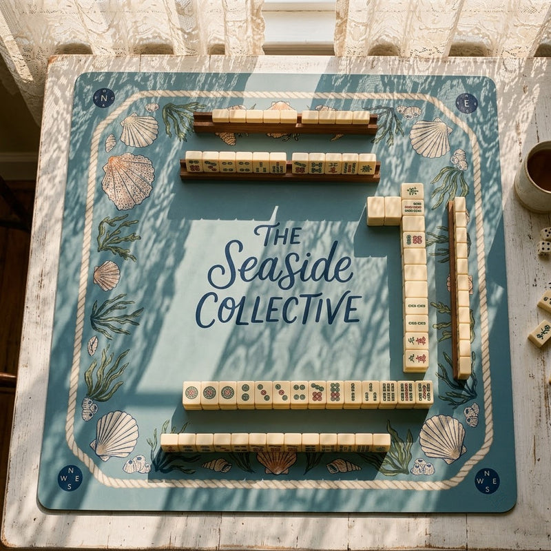 Coastal blue custom mahjong mat printed with a group name