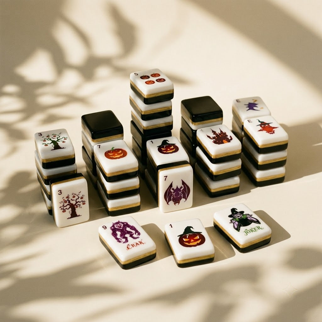 Short stacks of Halloween mahjong tiles showing thickness and gold-banded edges