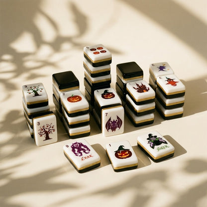 Short stacks of Halloween mahjong tiles showing thickness and gold-banded edges