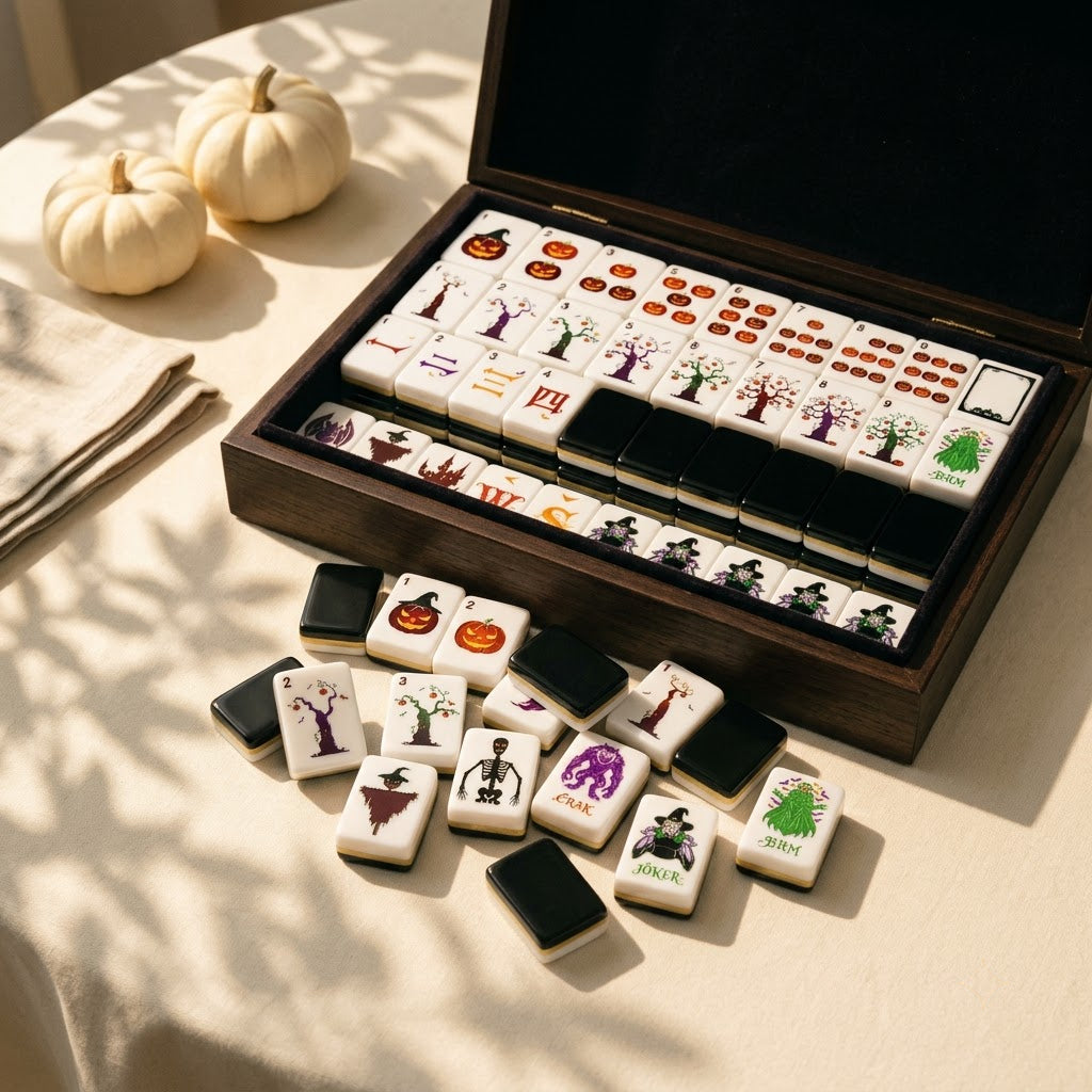 Halloween mahjong tiles ranked in an open wooden box with white pumpkins