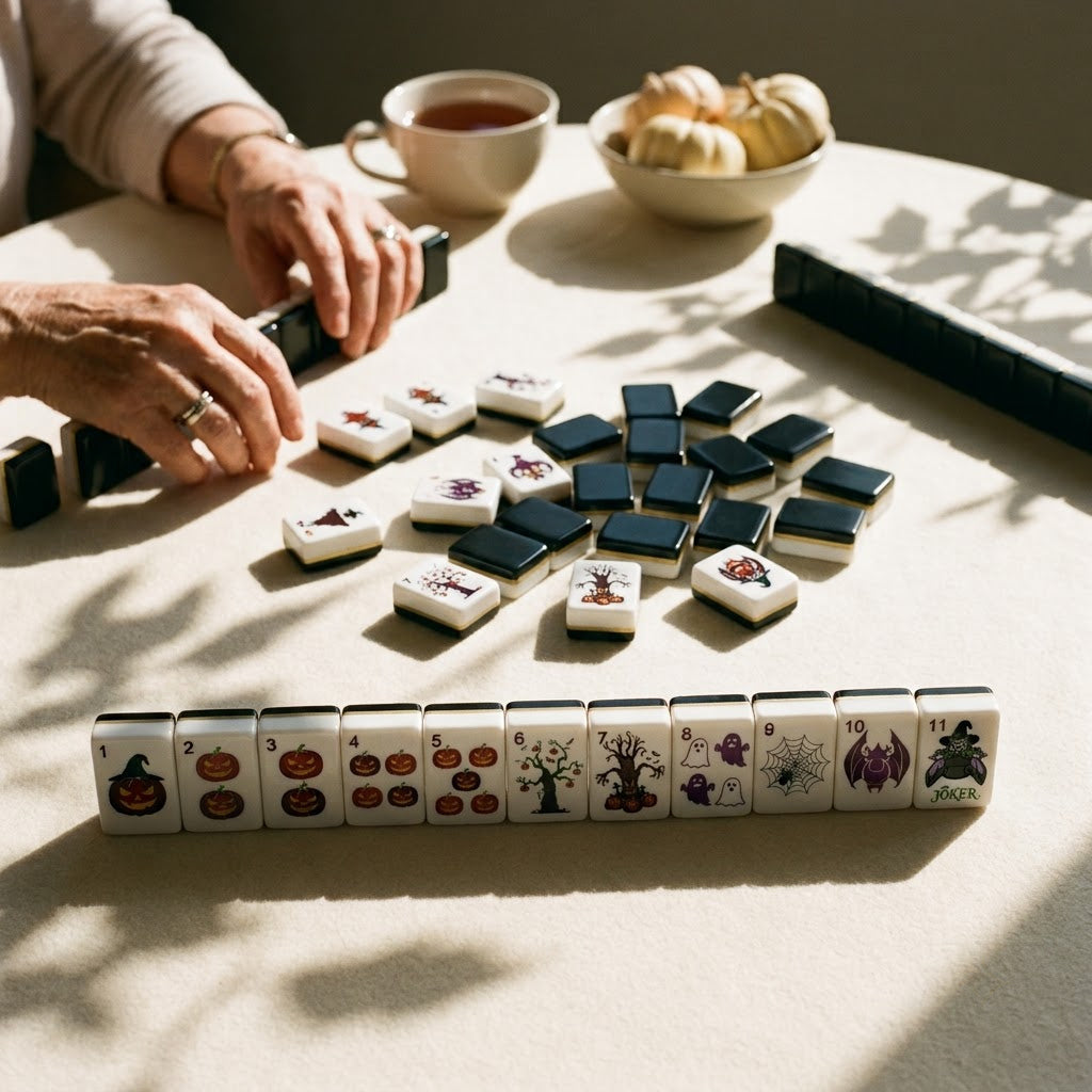 Halloween mahjong game in progress on an ivory table