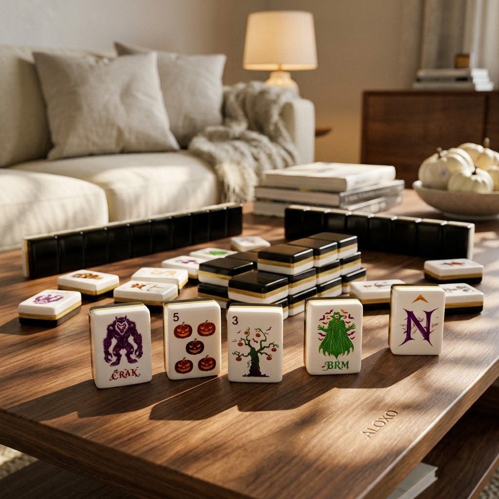 Halloween mahjong tiles on a walnut coffee table in a warm living room