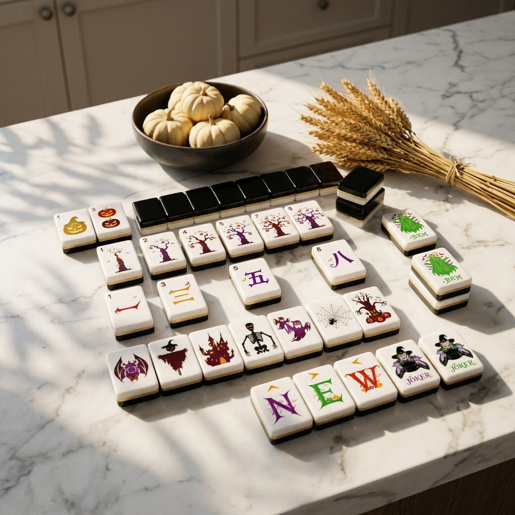 Halloween mahjong tiles laid out on a white marble kitchen island