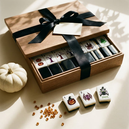 Halloween mahjong set presented as a gift with a black silk ribbon