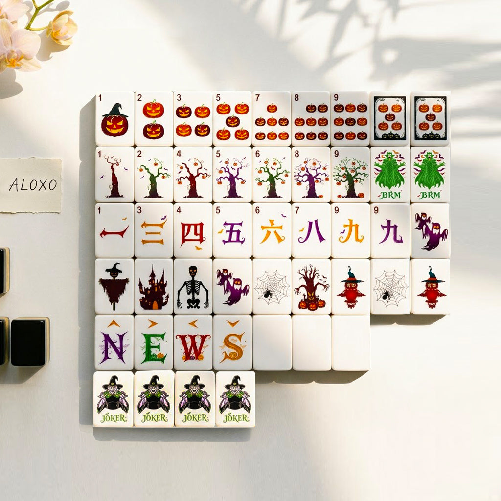 Midnight Halloween Mahjong Set — full 160-tile layout, white faces with witch Jokers