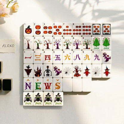 Midnight Halloween Mahjong Set — full 160-tile layout, white faces with witch Jokers