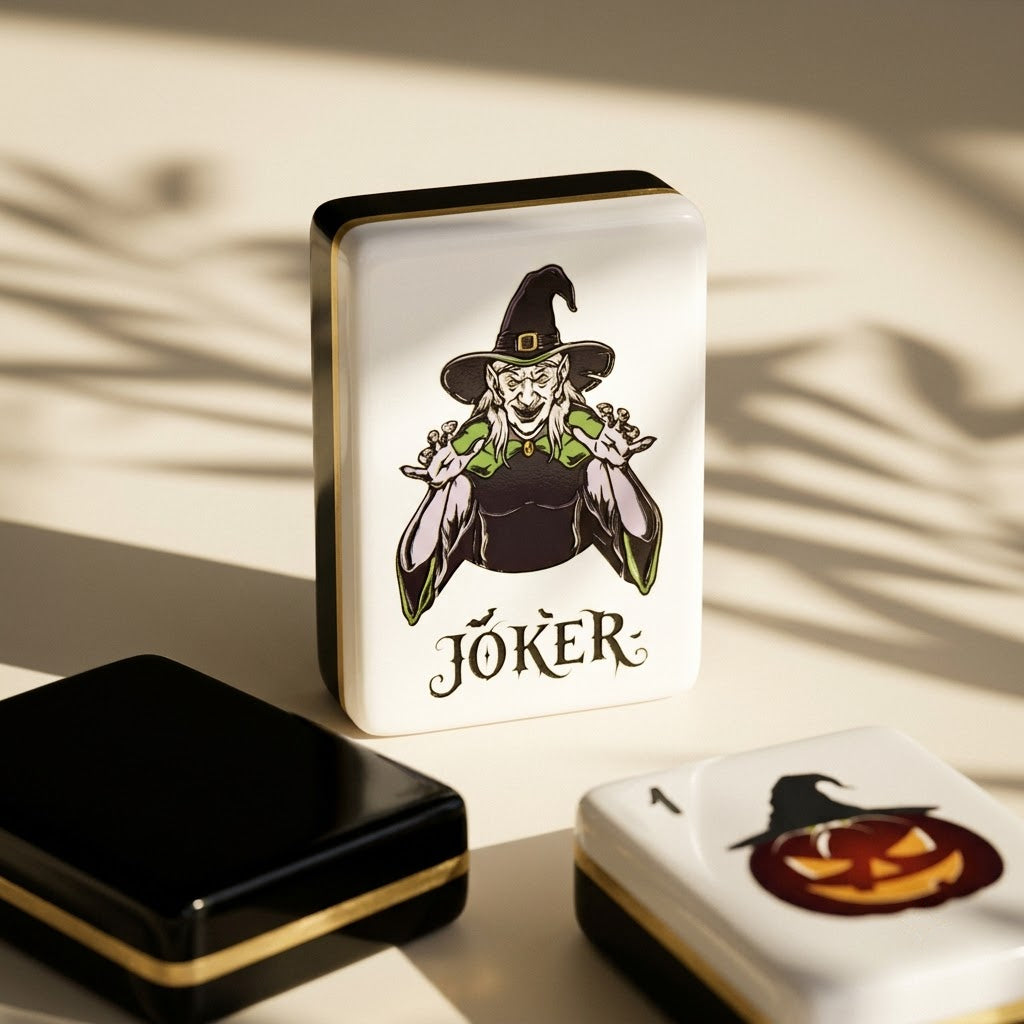 Single witch Joker tile standing upright, black gold-banded edge visible