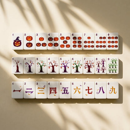 Halloween mahjong dots, bams and craks suits laid out in rows