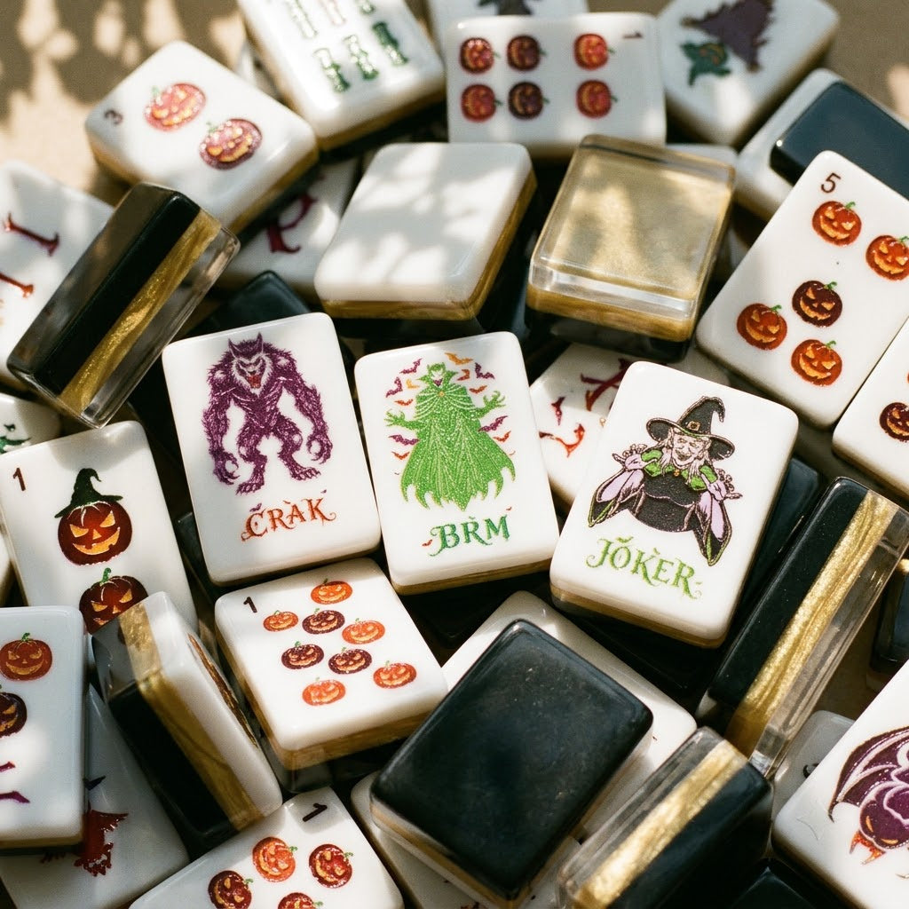 Close-up pile of Halloween mahjong tiles showing white faces, black backs and gold-edged sides