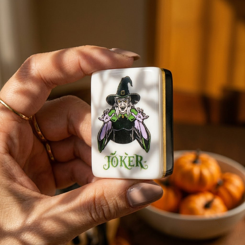 Witch Joker tile held in a woman's hand