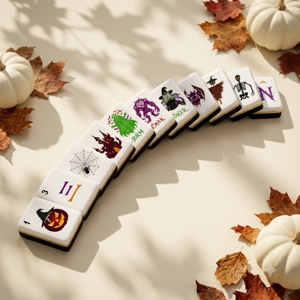 Halloween mahjong tiles fanned in an arc among autumn leaves