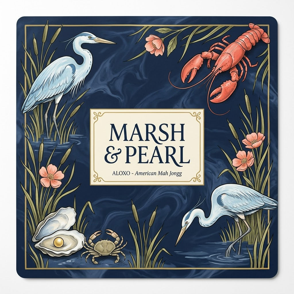 Midnight Marsh & Pearl mahjong mat, full printed artwork seen from above