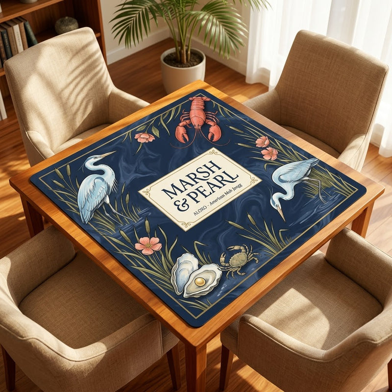 Midnight Marsh & Pearl mahjong mat on a card table with four chairs in a living room