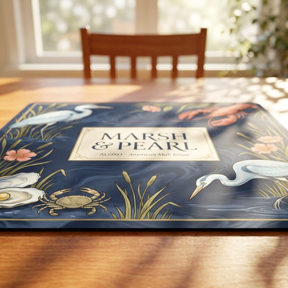 Low-angle view of the Midnight Marsh & Pearl mahjong mat lying flat on a table