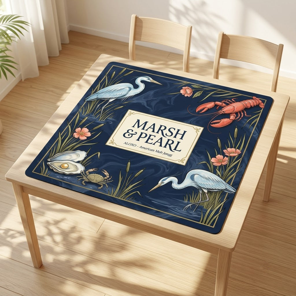 Midnight Marsh & Pearl mahjong mat covering a square card table, angled view