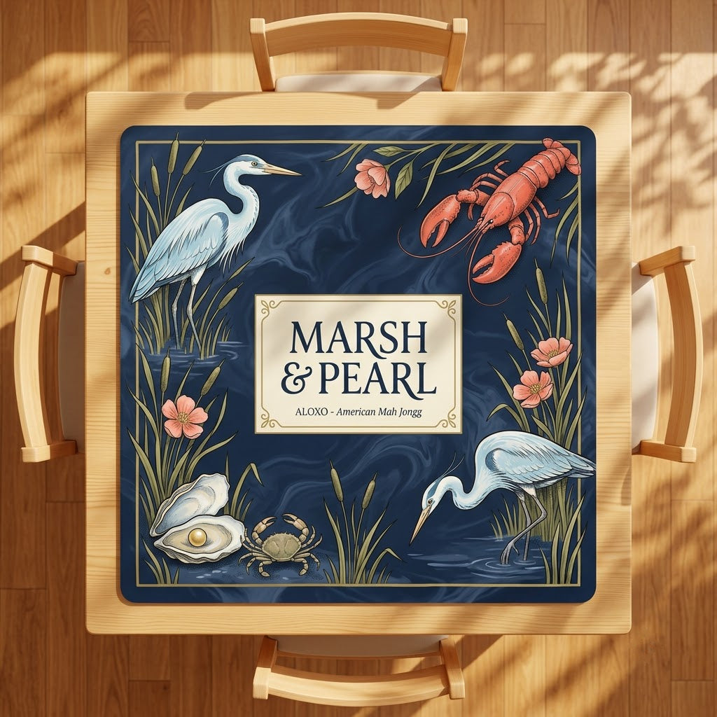 Midnight Marsh & Pearl mahjong mat on a square card table with four chairs, seen from above