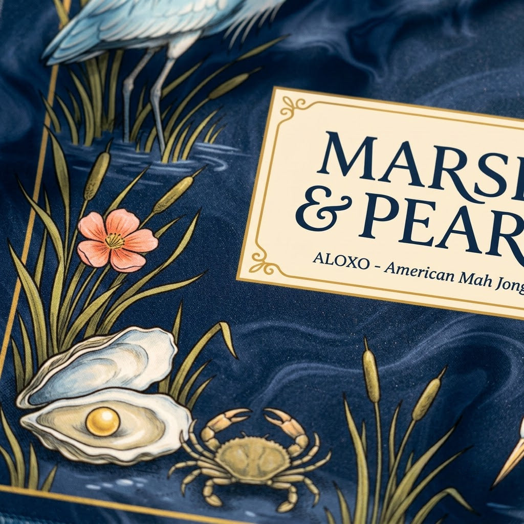 Close-up of the printed artwork on the Midnight Marsh & Pearl mahjong mat
