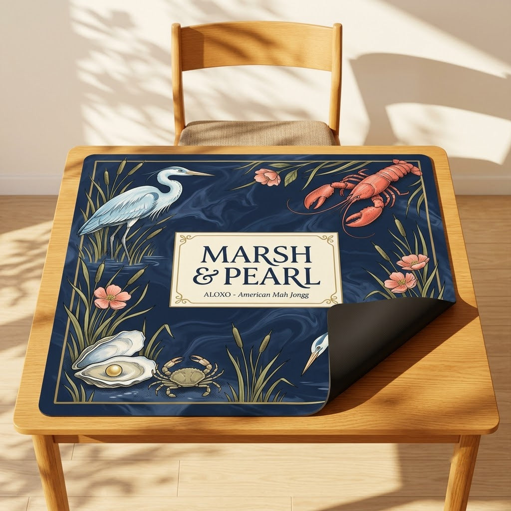 Midnight Marsh & Pearl mahjong mat with one corner folded back to show the black rubber underside