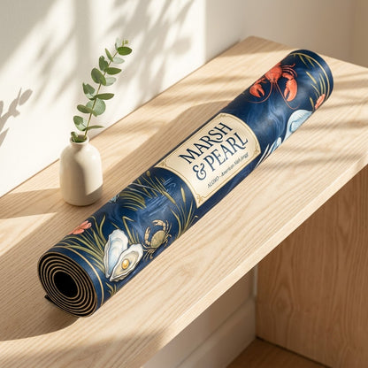 Midnight Marsh & Pearl mahjong mat rolled up on a console table