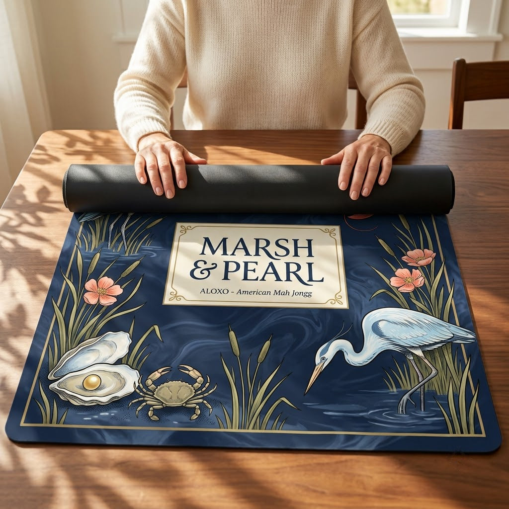 Woman unrolling the Midnight Marsh & Pearl mahjong mat across a card table