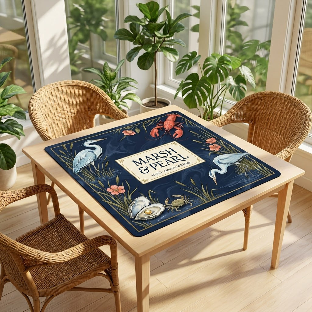 Midnight Marsh & Pearl mahjong mat on a card table in a sunroom with wicker chairs