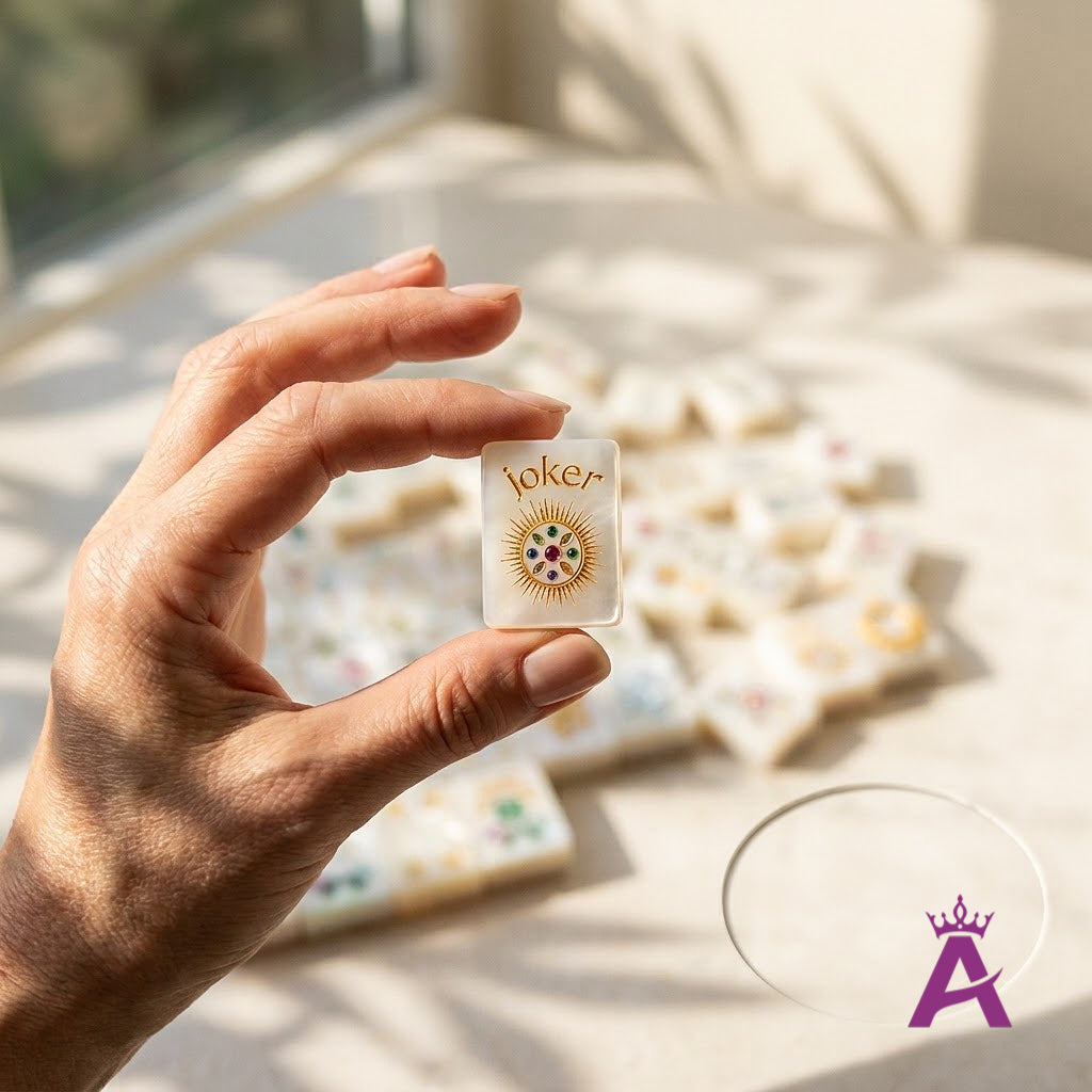 Woman's hand holding a single pearl-and-gold mahjong tile
