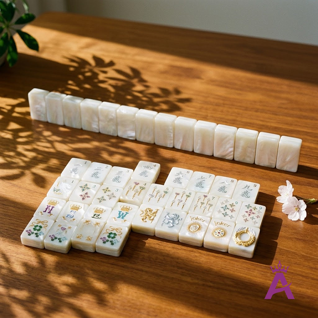 Pearl mahjong tiles standing mid-game on a wooden table