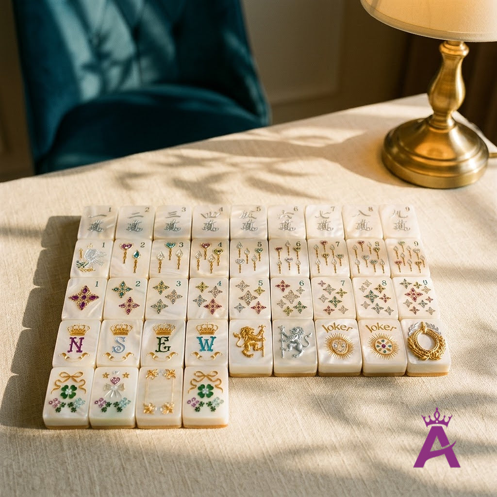Pearl mahjong set on a linen table in an elegant card room