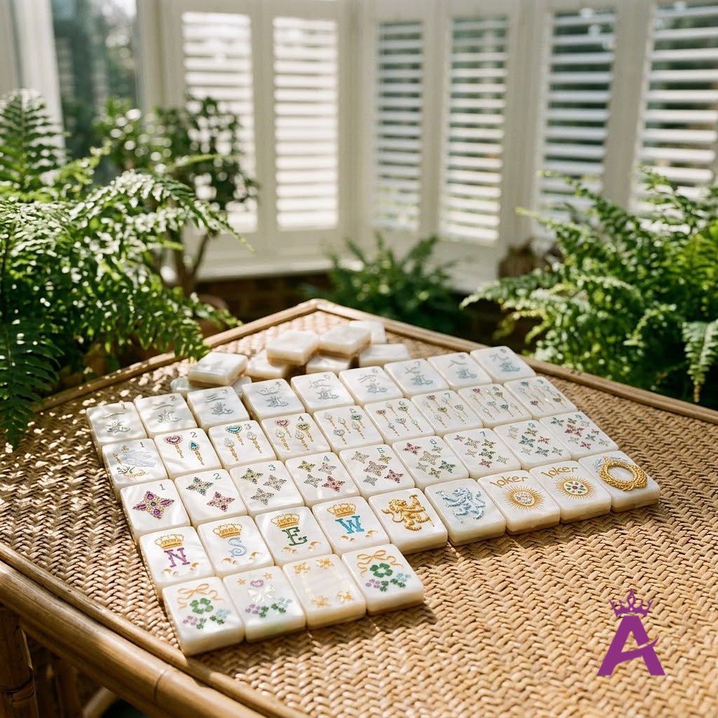 Pearl mahjong tiles on a garden terrace table