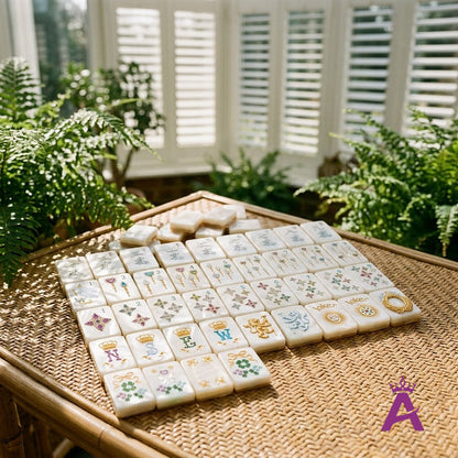 Pearl mahjong tiles on a garden terrace table
