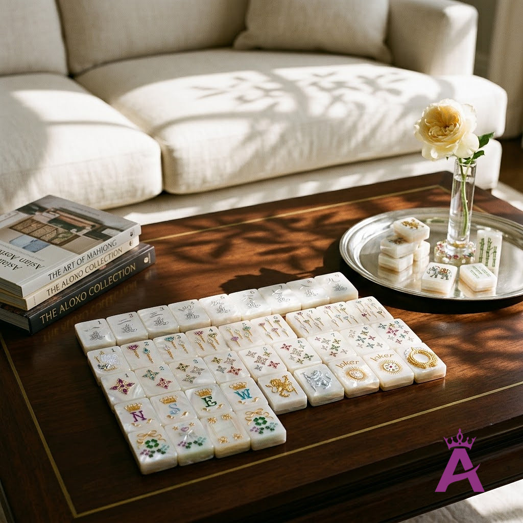 Pearl mahjong tiles on a living room coffee table