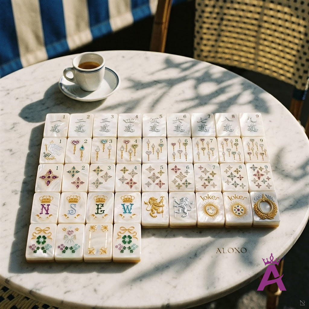 Pearl mahjong tiles on a marble cafe table