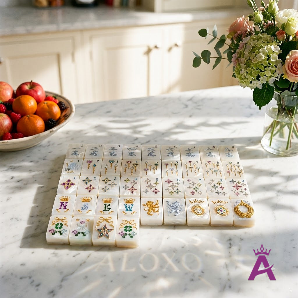 Pearl mahjong tiles on a bright kitchen marble island