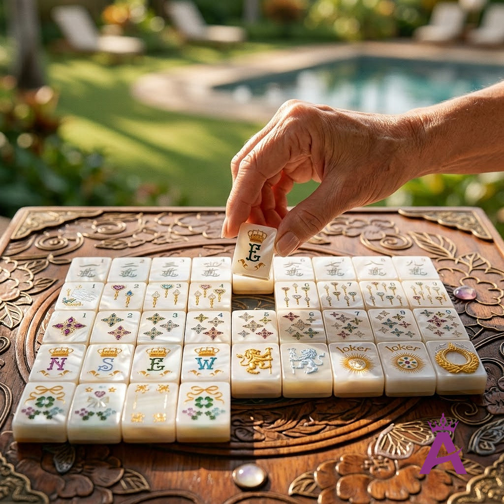 Mature woman's hand placing a pearl mahjong tile poolside