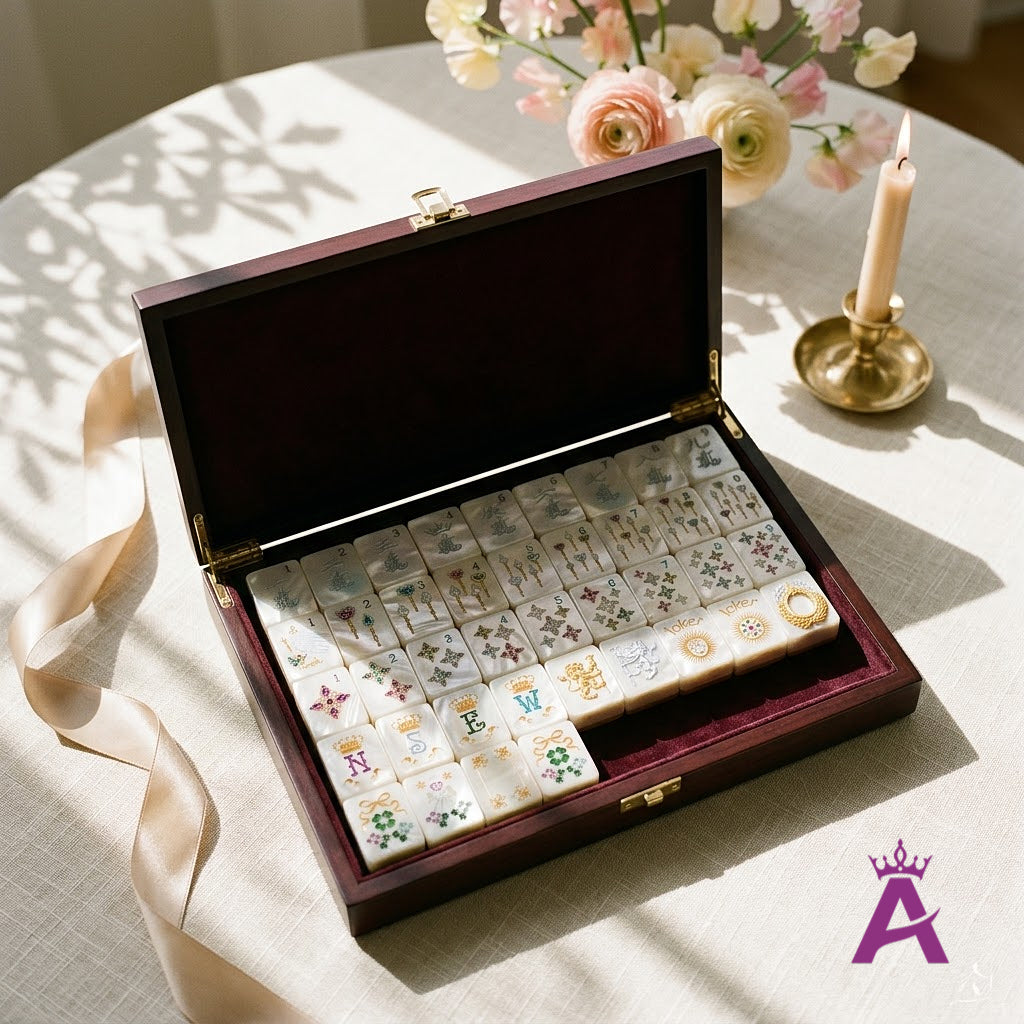Pearl mahjong set in a gift case with ribbon and flowers