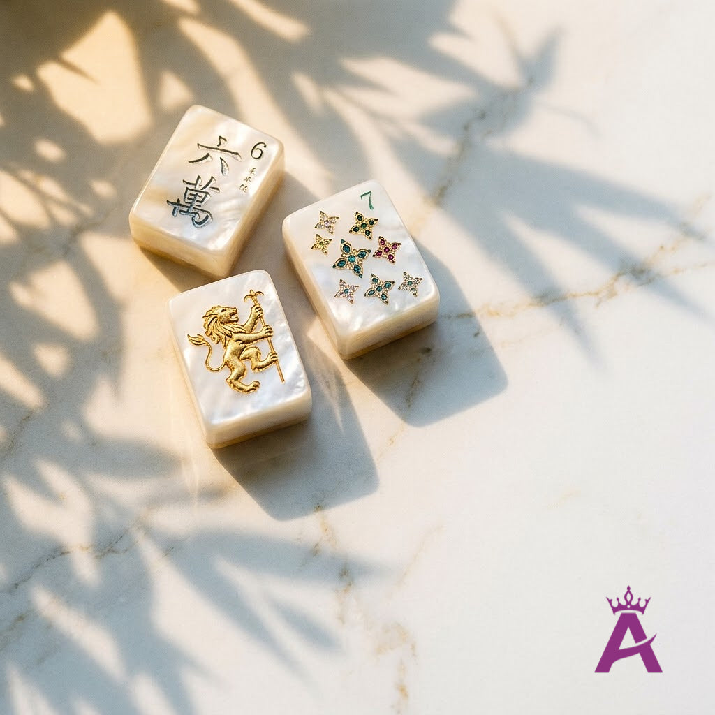 Macro close-up of engraved pearl-and-gold mahjong tiles