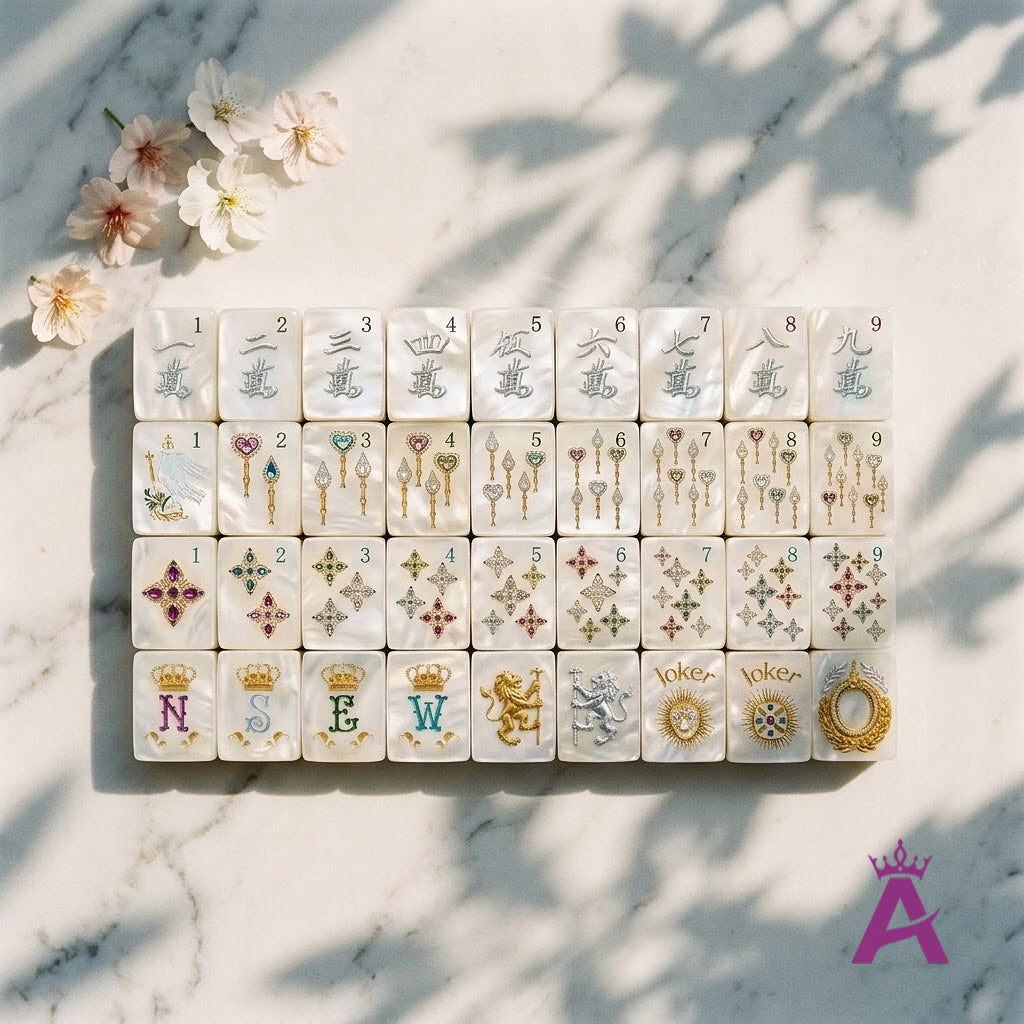 Pearl mahjong dot, bamboo and character suits in numbered rows