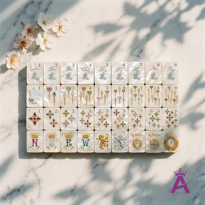 Pearl mahjong dot, bamboo and character suits in numbered rows