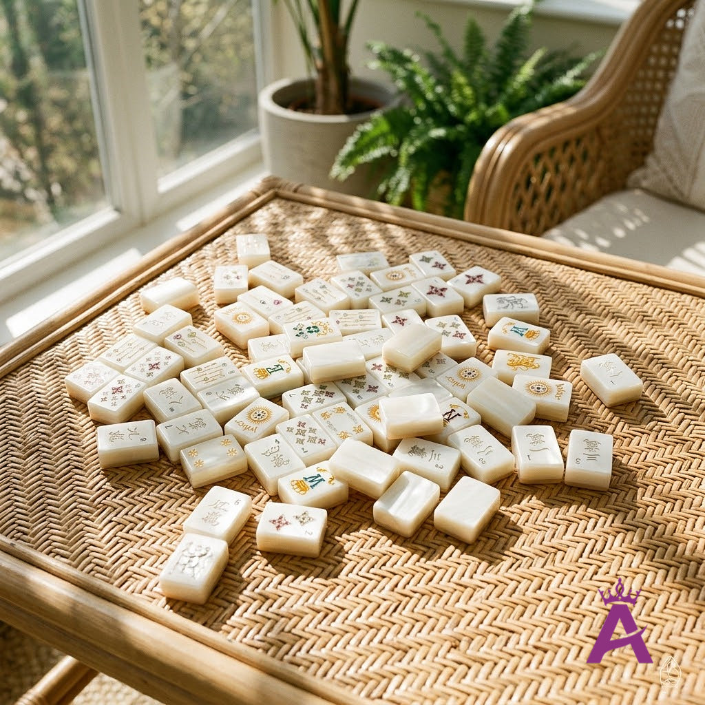 Pearl mahjong tiles gathered in a basket, sunlit