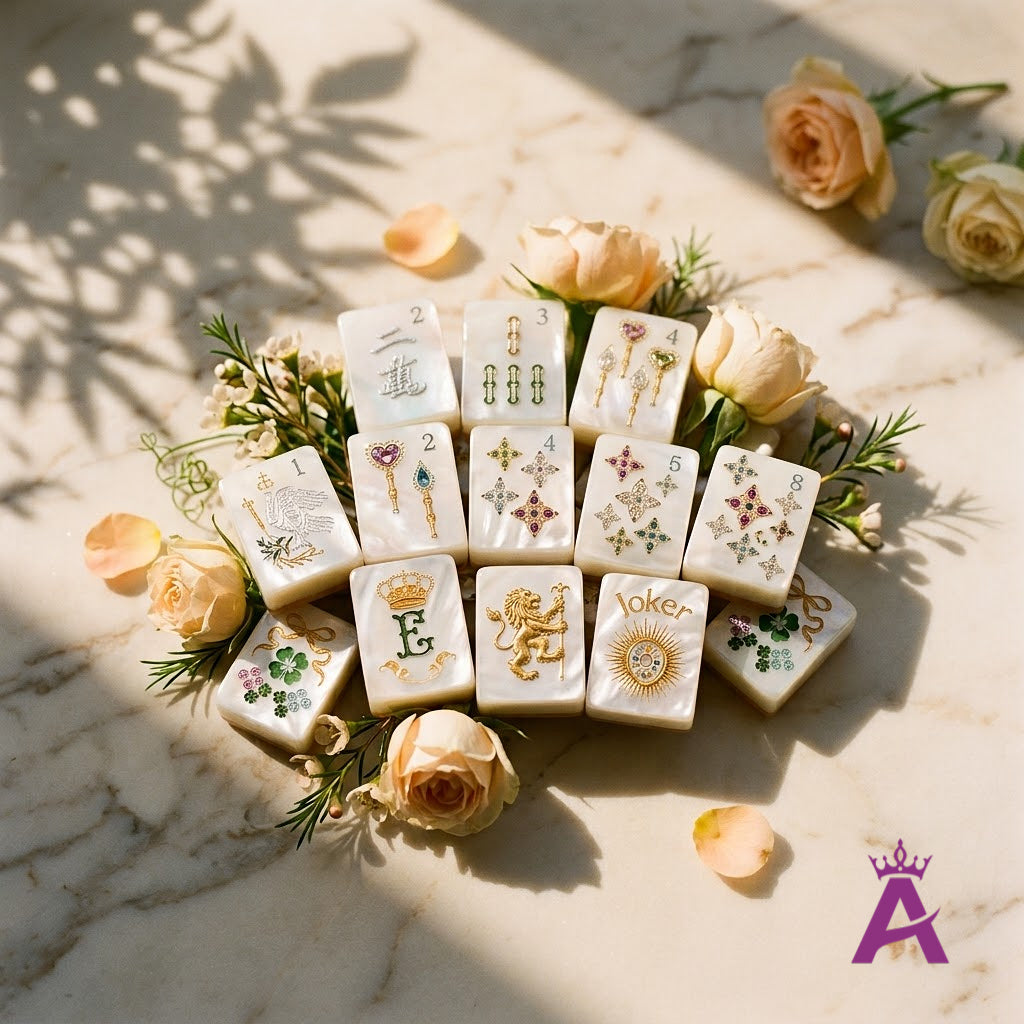 Pearl-and-gold mahjong tiles gathered with roses