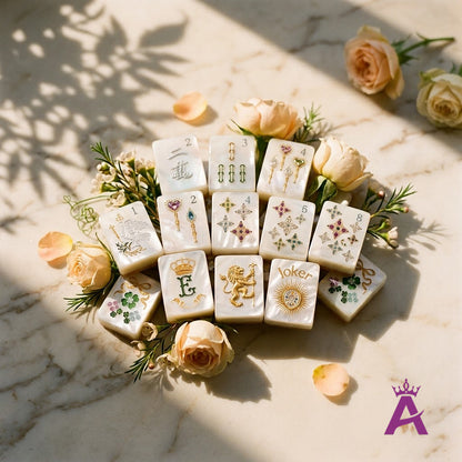 Pearl-and-gold mahjong tiles gathered with roses